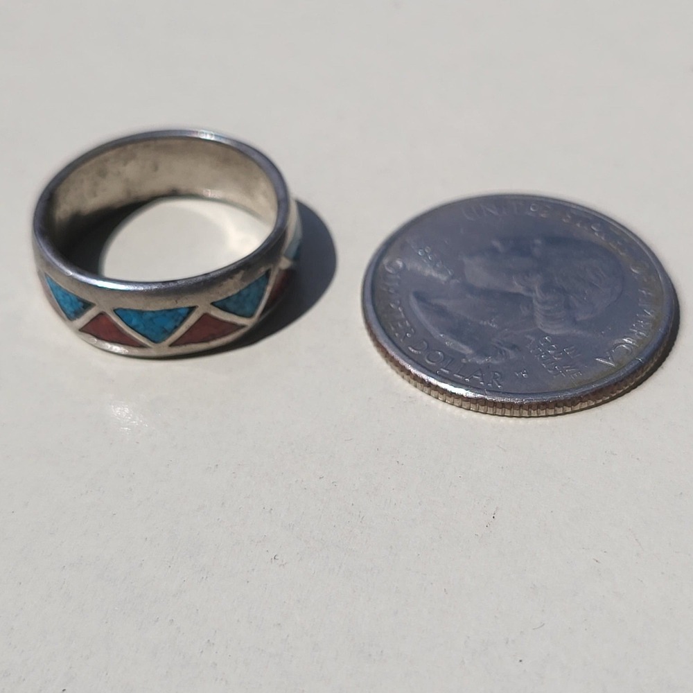 Vintage Sterling Silver Turquoise Coral Inlay Triangle Band Ring Size 7 Blue - Picture 4 of 8